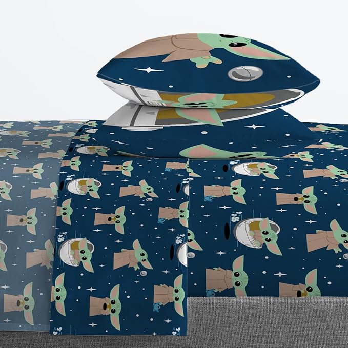 Jay Franco Star Wars The Mandalorian Hello Grogu 7 Piece Full Size Bed Set - Includes Comforter & Sheet Set - Super Soft Kids Bedding Fade Resistant Microfiber (Official Star Wars Product)
