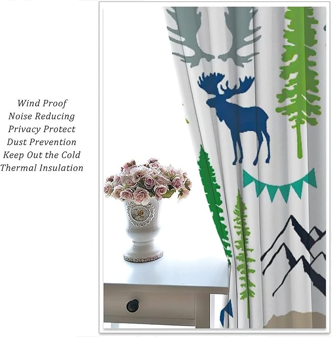 Forest Woodland Curtains, Wild Nature Bear Moose Deer Pine Trees Mountain Cabin Lodge Blackout Rod Pocket Windows Door Curtain for Bedroom Living Room Home Decor 63x72in