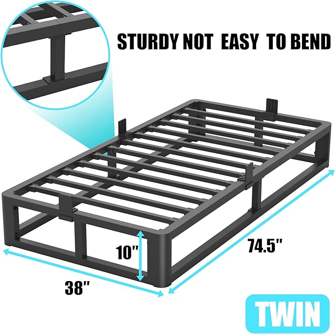Upgrade Anti Bending and Round Corner Legs 10 inch Metal Twin Bed Frame 3500 LBS Heavy Steel Slats Support Platform Bed Frames No Box Spring Needed Platform Noise Free Easy Assembly