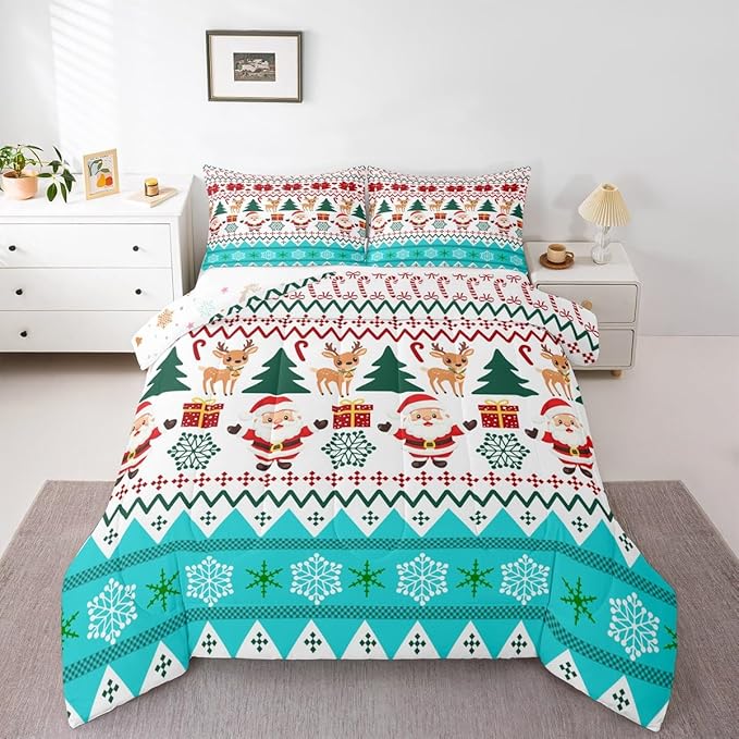 Feelyou Merry Christmas Bedding Set Soft for Boys Girls, Santa Claus Comforter Set King Size Cute Deer Duvet Quilt Microfiber Snowflake Bedroom Decor 3 Pcs with 2 Pillow Cases