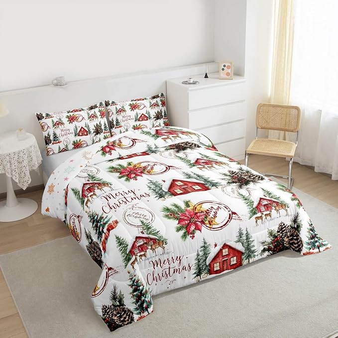 Merry Christmas Kid Comforter Set Full Size,Poinsettia Winter Xmas Pine Tree Bedding Set,Room Decor,Snowflake Rustic Farmhouse Quilt Comforter,Red Green White Duvet Set Bedroom Quilt Set,2 Pillowcases