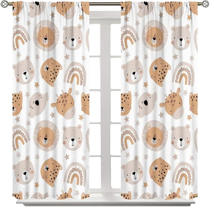 Cartoon Boho Animal Curtains,Funny Forest Safari Print,Cute African Wildlife Koala Giraffe Lion Leopard Bear Rainbow Blackout Window Drapes for Boys Girls Kids Baby Child Bedroom 55x63in