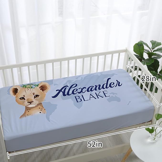 Custom Baby Crib Bedding Set,Personalized Name Blue Leopard Pattern Nursery Bed Set 4 Piece,Baby Blanket Fitted Sheet Nursery Rug Wall Art Set,Custom Room Decor Idea Gift for Newborns Boys Girls