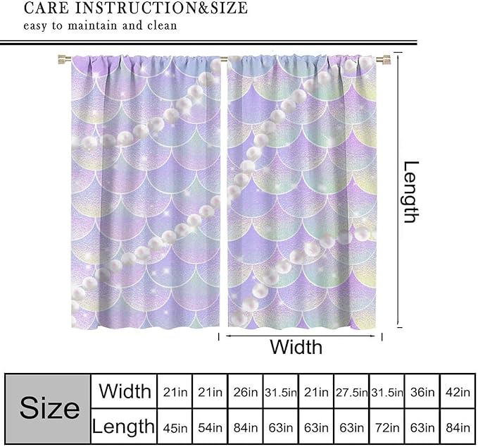 Mermaid Curtains, Gradient Color Pink Purple Pearl Ocean Theme Mermaid Fish Scale Print Decoration Suitable for Children Girls Bedroom Nursery Curtains 72x63 Inch