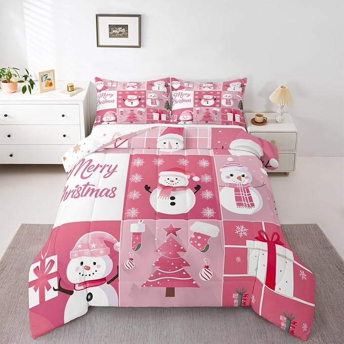 Xmas Comforter Set King Size,Snowman Christmas Tree Snowflake Duvet Insert for Kids Boys Girls Room Decor,Pink Plaid Patchwork Bedding Set 3Pcs,Merry Christmas Cartoon Quilt Set,2 Pillowcases