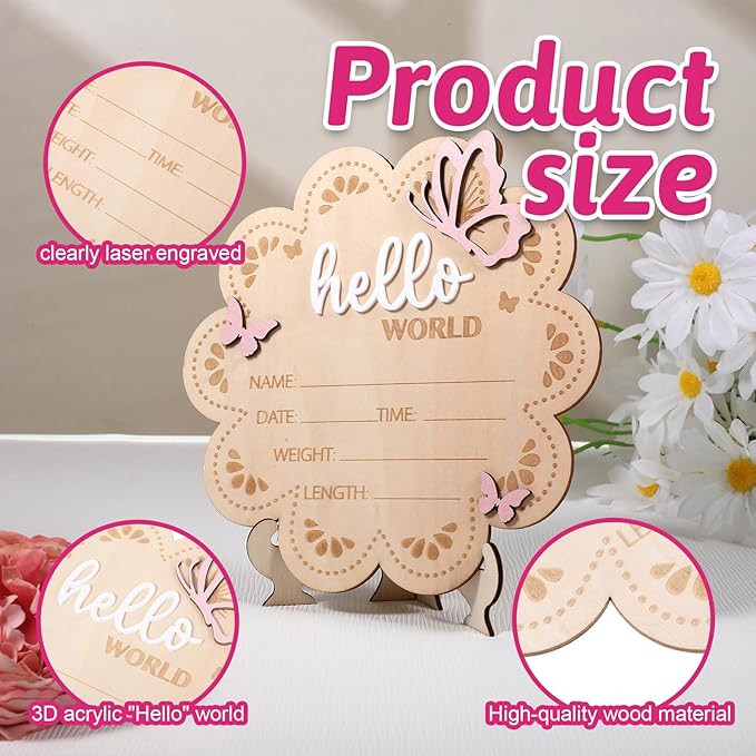 Wooden Baby Announcement Sign, Butterfly Design, Hello World Newborn Welcome Plaque for Photo Props, Baby Shower, Hospital, Nursery Decor