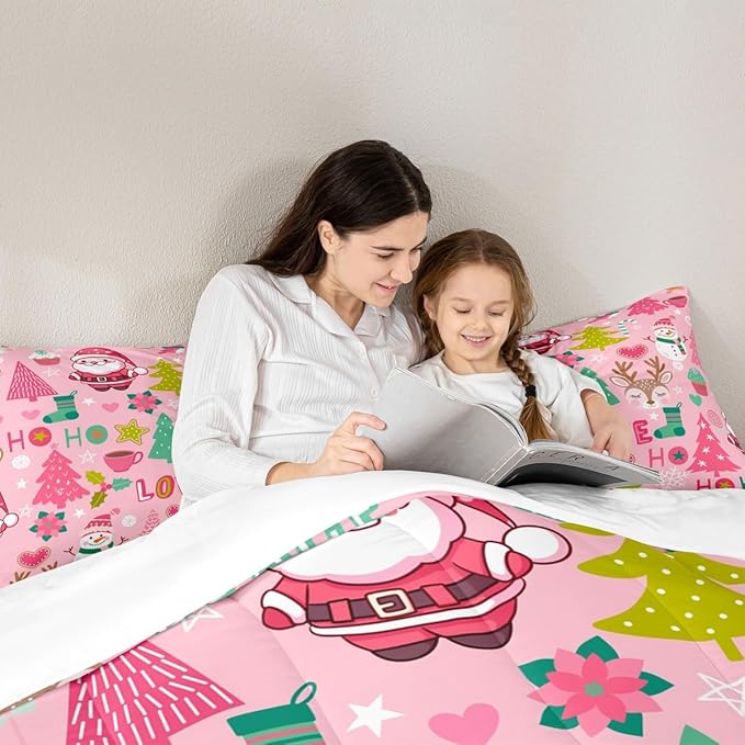 Manfei Xmas Pink Comforter Set King Size, Santa Claus Snowman Deer Trees Bedding Set 3pcs for Kids Girls Adults Room Decor, Christmas Theme Down Comforter New Year Quilt Set with 2 Pillowcases