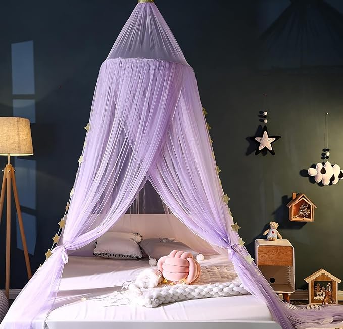 Princess Bed Canopy for Girls and Kids Hanging Mosquito Net for Baby Crib Nook Castle Game Tent Nursery Play Room Decor(Purple)