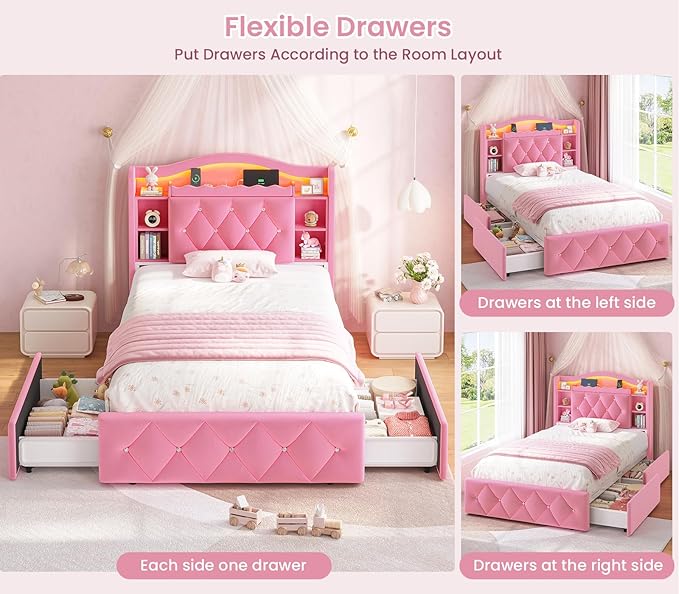 DICTAC Twin Size Bed Frame for Girls with Storage Drawers, Bookcase Headboard, LED Lights and Power Outlets, Diamond Tufted Velvet Upholstered Princess Platform Bed, Heavy-Duty Metal Support, Pink