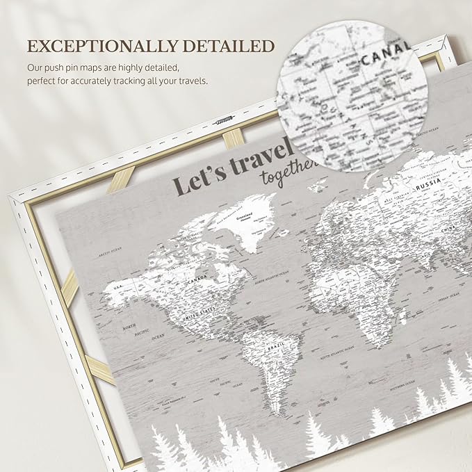 ElephantStock - Let's Travel II Push Pin World Map Wall Art - Horizontal Canvas Wall Art - Living Room Wall Decor - Digital Art Map Canvas Art - Gray And White Decor - 36" x 24"