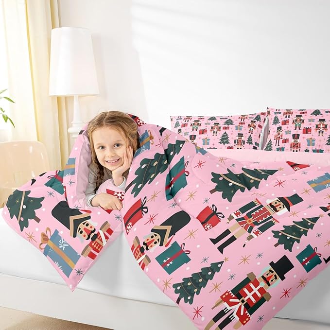 Feelyou Nutcracker Comforter Set All Season Merry Christmas Tree Bedding Set with 2 Pillow Cases Snowflake Kids King Bedclothes Soldier Print Decor Duvet Quilt Soft Lightweight