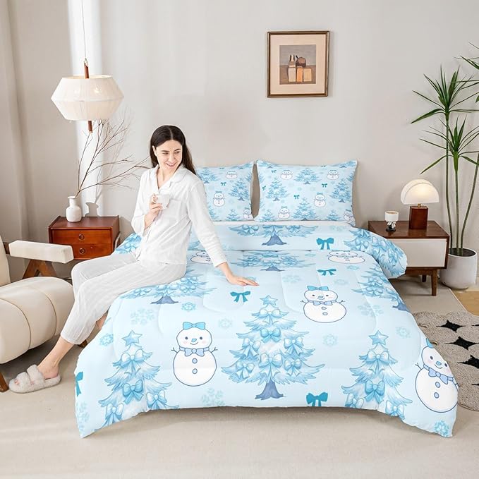 Feelyou Merry Christmas Comforter Set Toddler Size Cute Snowman Bedding Set for Kids Boys Girls Cartoon Bowknot Duvet Quilt Christmas Tree Microfiber 2 Pcs with 1 Pillow Cases