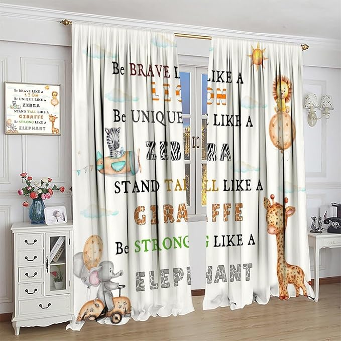 Cartoon Animals Curtains, Cute Jungle Animal Zebra Elephant Lion Giraffe Blackout Window Treatments, Rod Pocket Thermal Insulated Drapes 2 Panel Sets for Kids Bedroom Nursery Classroom, 55"W X 63"L