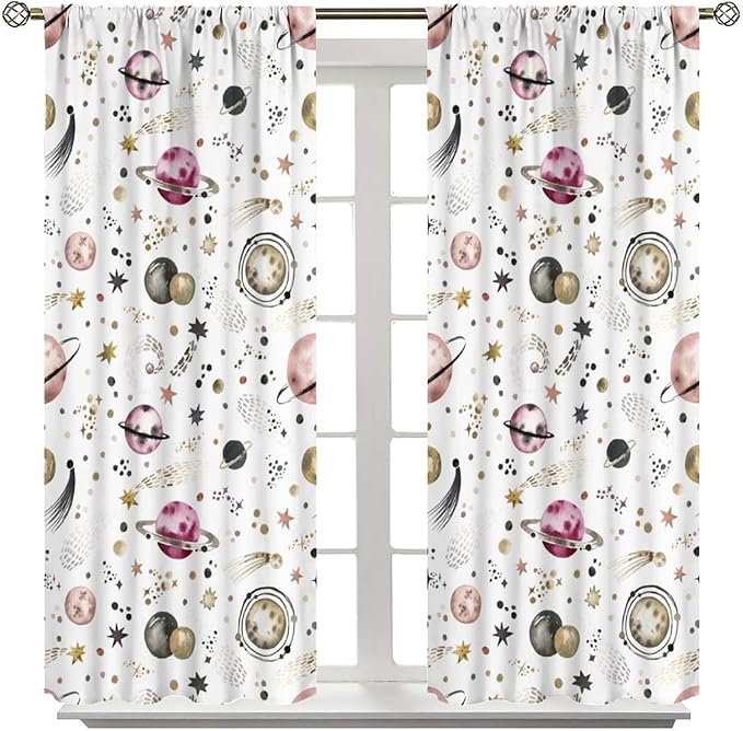 Kids Outer Space Curtains, Cartoon Galaxy Planet Universe Starry Starts Printed Window Drapes for Boys Girls Teens Bedroom Nursery 42" W X 54" L