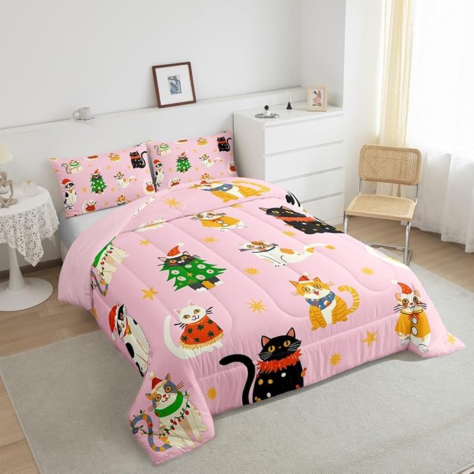 Erosebridal Christmas Decor Quilts Cute Cats Comforter Set King Size for Kids Boys Girls Bedroom Xmas Tree Bedding Set Cartoon Animal Down Comforter with 2 Pillow Cases