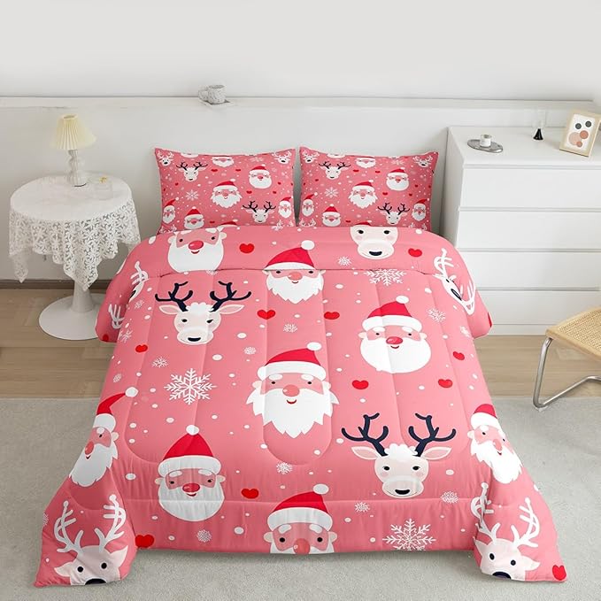 Feelyou Christmas Comforter Set All Season Santa Deer Bedding Set with 1 Pillow Cases Snowflake Microfiber Kids Toddler Bedclothes Bedroom Decor Duvet Quilt Breathable Soft Lightweight