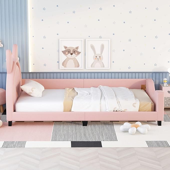 Merax Cute Twin Daybed Frame for Kids with Carton Ears Shaped Headboard, PU Leather Sturdy Kids Daybed Upholstered Twin Beds for Girls, Sofa Bed Low Profile Single Bed, Pink