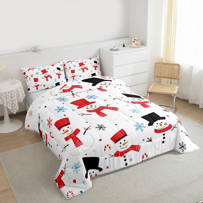 Feelyou Merry Christmas Comforter Set All Season Snowman Bedding Set with 2 Pillow Cases Winter Holiday Microfiber Kids Queen Bedclothes New Year Gift Bedroom Decor Duvet Quilt Soft Lightweight