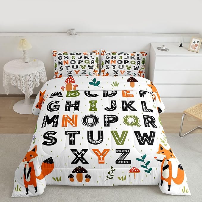 Feelyou Educational Nursery Art Comforter Set Queen Size Alphabet Kids ABC Learning Bedding Set for Kids Boys Girls Cute Fox Duvet Quilt Woodland Animals Bedroom Decor 3 Pcs with 2 Pillow Cases