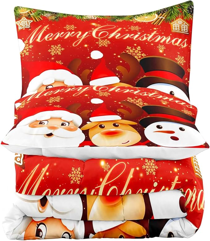LUVIVIHOME 3PCS Merry Christmas Comforter Set Full Size, Reindeer Snowman Santa Claus Bedding, Holiday New Year Cute Christmas Bedroom Decor for Kids Boys Girls Teens, Xmas Gifts, 2 Pillow Cases
