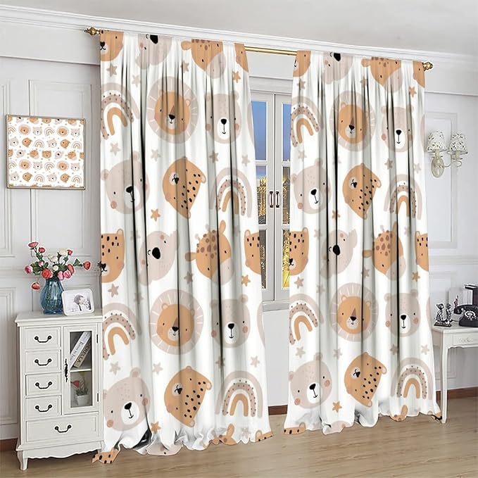 Cartoon Boho Animal Curtains,Funny Forest Safari Print,Cute African Wildlife Koala Giraffe Lion Leopard Bear Rainbow Blackout Window Drapes for Boys Girls Kids Baby Child Bedroom 63x72in