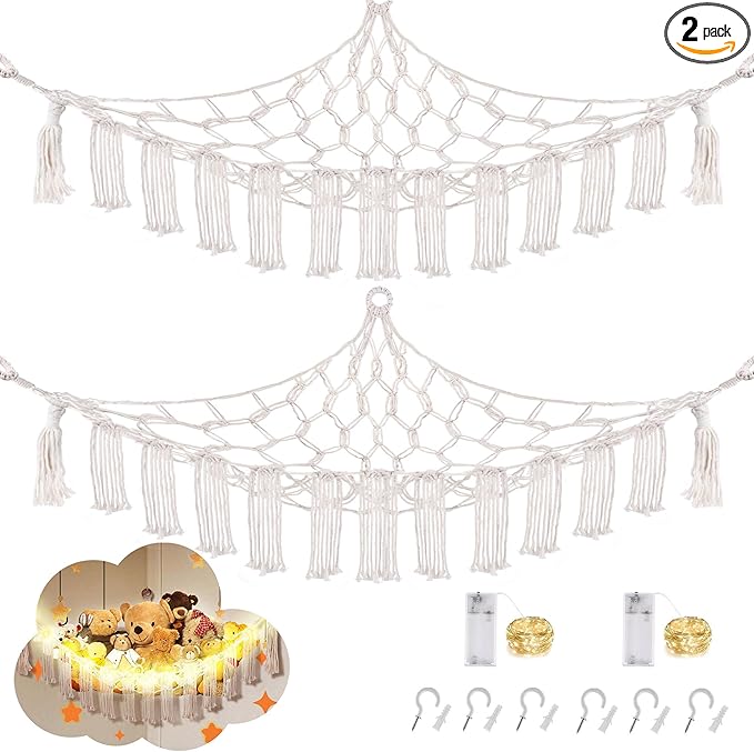 Stuffed Animal Hammock with LED Light, Large Stuffed Animals Storage Corner Plushie Net for Kids Room Decor, 2 Packs White