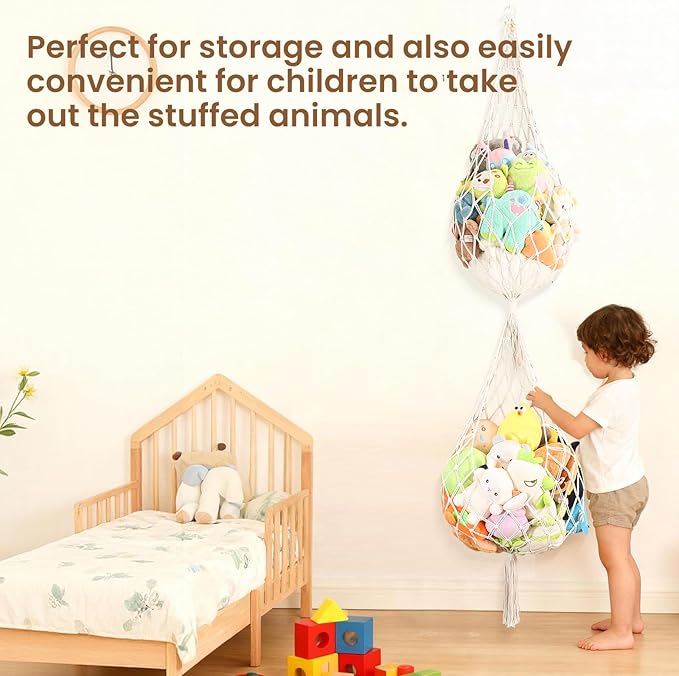 Upgrades Stuffed Animal Net Corner Stuffed Animal Storage Hammock for Kids' Wall Room Decor Hanging Toy Storage Plushie Net Organizer Holder Kids Baby Nursery Wall Bedroom Home Decor (2 Tier, XXL)