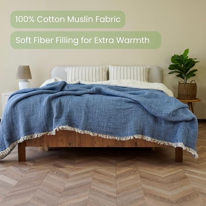 Christmas Muslin Comforter – Cotton Muslin Blanket with Soft Fiber Filling, Breathable & Cozy Muslin Throw Blanket, Reversible Holiday Quilt (Dusty Blue, Queen (U.S. Standard))