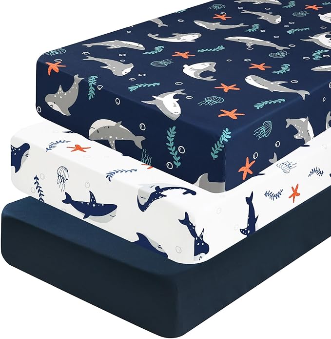 PHF 3 Pack Soft Shark Crib Sheets Fitted, Comfy Breathable Baby Sheets for Boys, 28x52 Inches Fits Standard Crib and Toddler Mattresses, Shark