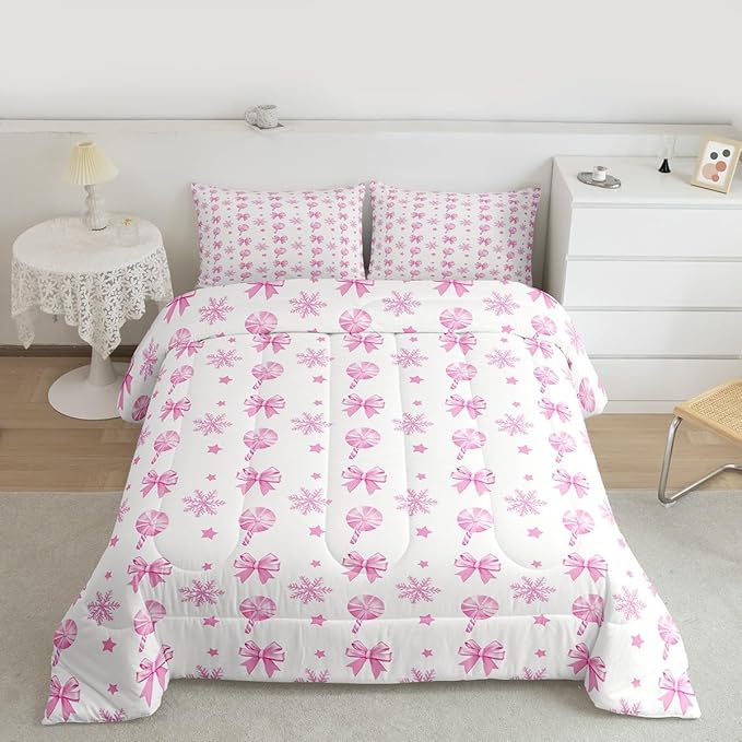Feelyou Pink Christmas Bedding Set Soft for Boys Girls, Bow Candy Comforter Set Queen Size Star Snowflake Duvet Quilt Microfiber Bedroom Decor 3 Pcs with 2 Pillow Cases