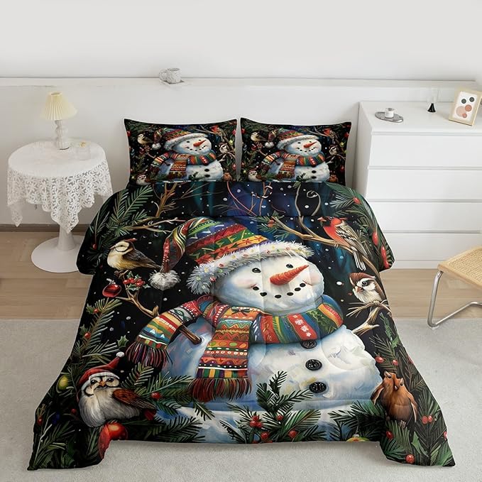 Feelyou Christmas Bedding Set Soft for Boys Girls, Holiday Snowman Birds Comforter Set Toddler Size Xmas Owl Branch Berry Duvet Quilt Microfiber Snowflake Bedroom Decor 2 Pcs with 1 Pillow Cases