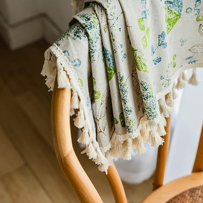 ENJOYBRIDAL Leaf Curtains 63 Inch Length 2 Panels Tassel Boho Semi Sheer Drapes Bedroom Living Room Farmhouse Floral Short Rustic Country Rod Pocket Cotton Linen Blend Window Curtain Panel