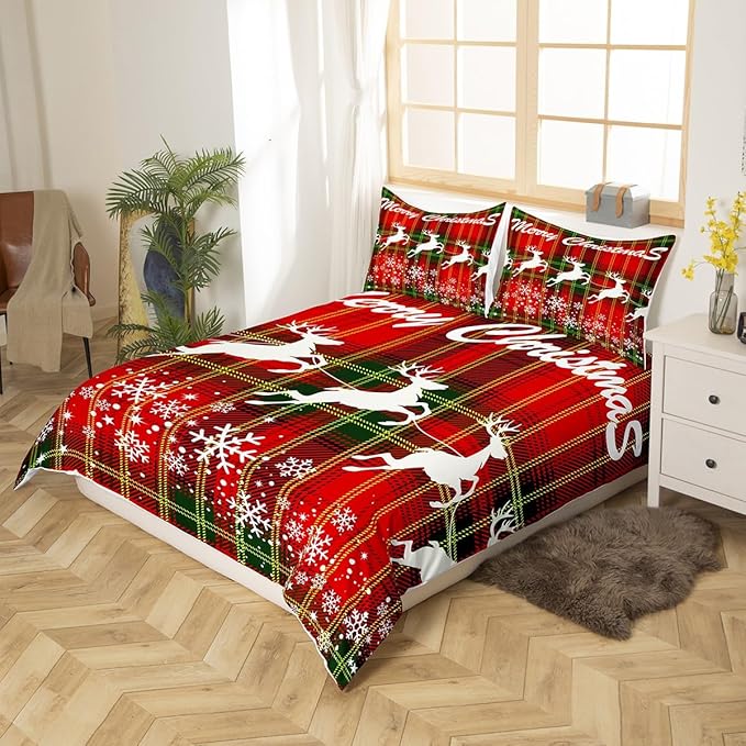 Manfei Christmas Duvet Cover Set Twin Size, White Deer and Snowflake Print Comforter Cover with 1 Pillowcase, Red Plaid Print Bedding Set 2pcs for Kids Boys Girls Bedroom Decor,No Comforter