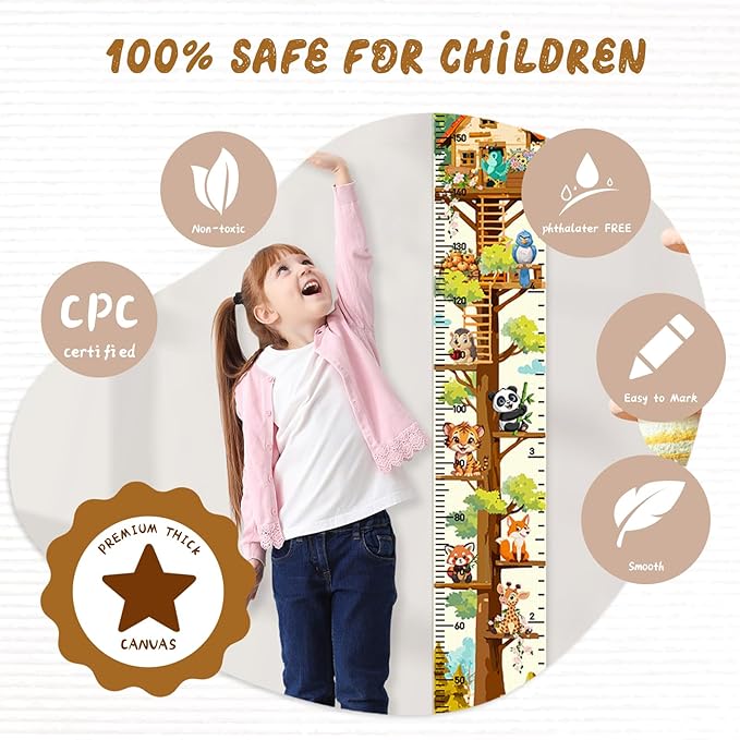 Personalized Name Height Chart for Kids, Kids Growth Chart for Wall, 59" X 7.9" Canvas Removable Height Chart Measuring Ruler for Kids & Baby(Painted Tree House）