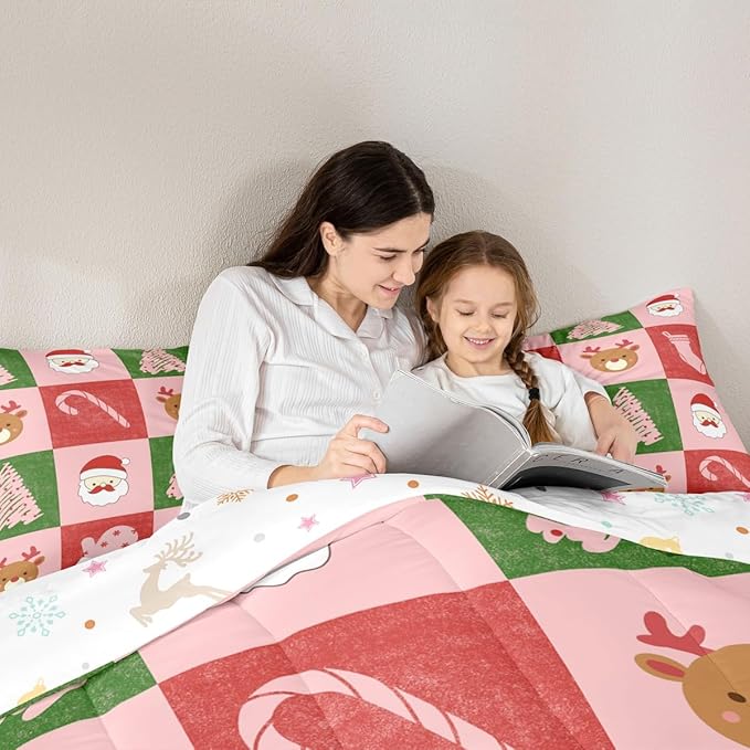 Feelyou Merry Christmas Bedding Set Soft for Boys Girls, Xmas Tree Santa Claus Comforter Set Queen Size Candy Cane Deer Duvet Quilt Microfiber Patchwork Bedroom Decor 3 Pcs with 2 Pillow Cases