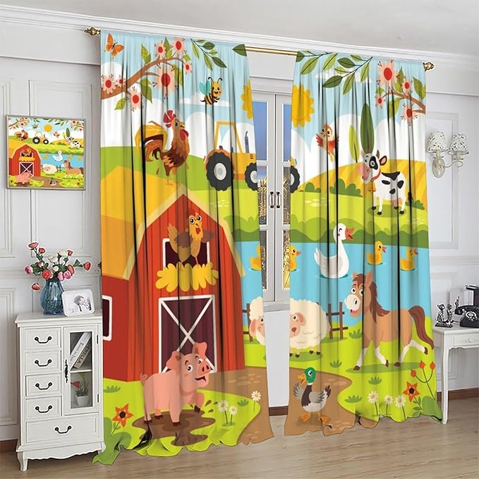 Farmhouse Curtains, Farm Scene Cartoon Animals Pattern Blackout Window Treatments, Rod Pocket Thermal Insulated Drapes 2 Panel Sets for Children Boys Bedroom Nursery Classroom, 52" W X 84" L