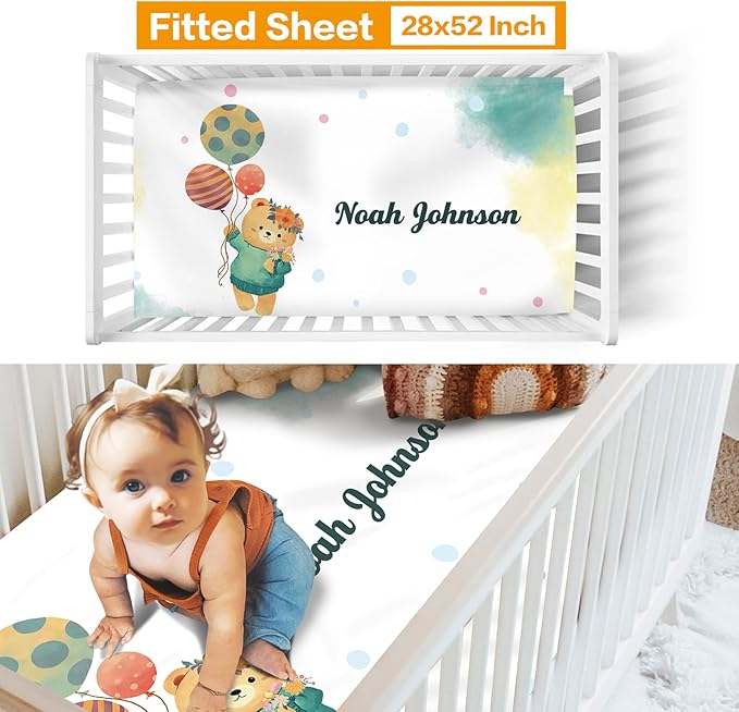 Custom Crib Bedding Set - Bear Design Personalized Name Baby Nursery Bedding 3 Pcs Set - Chic Soft Blanket, Sheet, Pillowcase for Newborns Boys Girls Gifts Color01