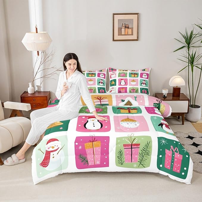 Feelyou Happy New Year Bedding Set Soft for Boys Girls, Christmas Decor Comforter Set Queen Size Merry Christmas Duvet Quilt Microfiber Winter Penguin Bedroom Decor 3 Pcs with 2 Pillow Cases