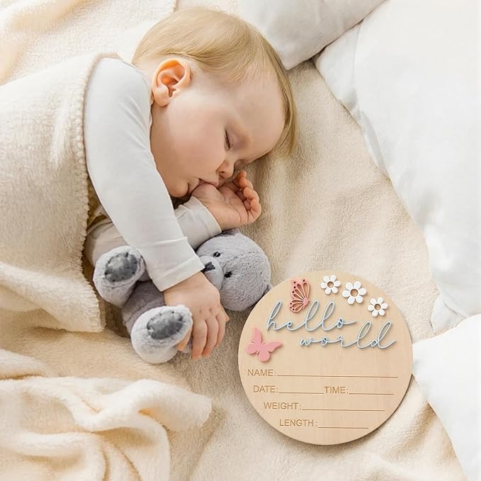 5.9 Inch Wooden Hello World Baby Announcement Sign, Newborn Welcome Board with Pink Butterfly, Baby Shower Hospital Nursery Photo Props for Boys & Girls