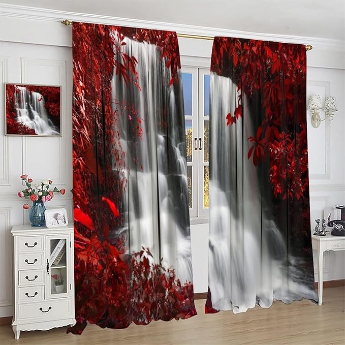 Red Forest Waterfall Blackout Windows Curtains, Waterfall Red Forest Black and Red Natural Landscape Print Window, for Living Room Bedroom 84x84in 2 Panels