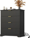Fluted Dresser with 4 Drawers for Bedroom, 36.6" Tall Dresser with Charging Station, Wooden Chest of Drawers for Bedroom, Living Room, Entryway, Black