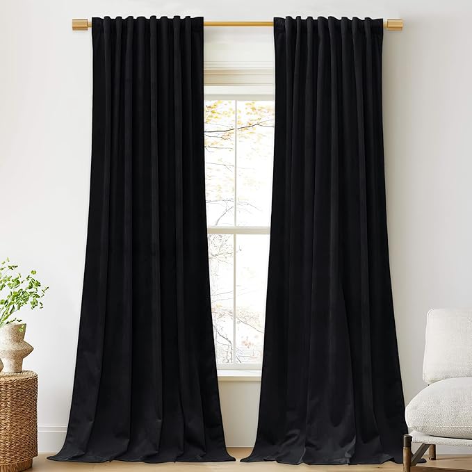 StangH Black Curtains 92 inches Long Super Soft Velvet Room Darkening Thermal Insulated Window Drapes Back Tab Luxury Decor for Theater Bedroom Living Room, W52 x L92, 2 Panels