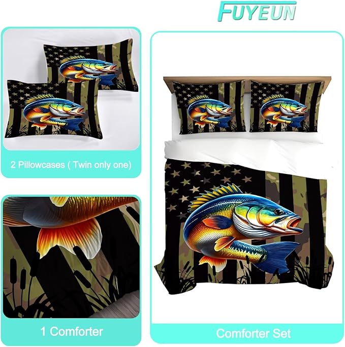 Bass Fish Comforter Set Twin Size Camouflage Fisherman Bedding Set for Men Boys Teens Green Fishing Lover Bedroom Farmhouse Bed Set Wild Quilted,1 Comforter 1 Pillowcase