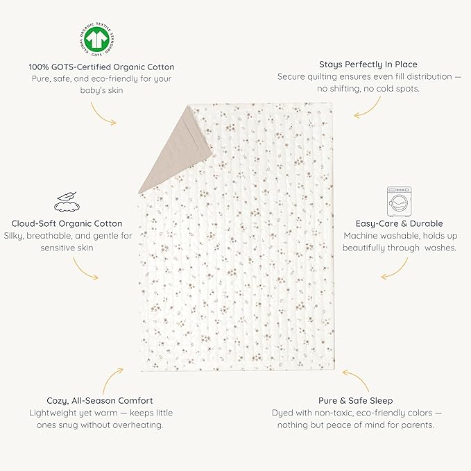 MakeMake Organics Organic Baby Comforter GOTS Certified Organic Kids Blanket Cotton Infill Tufted - Reversible Ultra Soft Breathable Boys Girls (30"x40", Bloom + Solid Pecan)