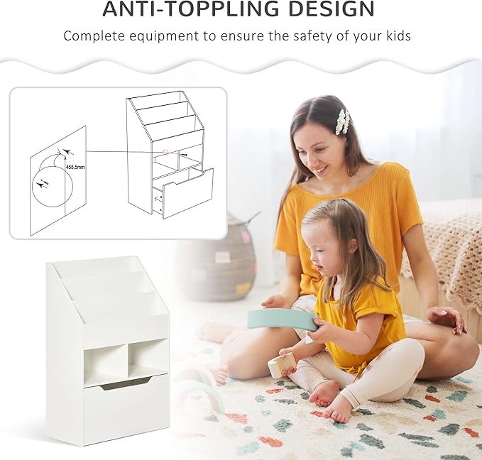 HOMCOM Kids Bookcase Multi-Shelf Rack Organizer with Storage Drawer for Books, Playroom, White