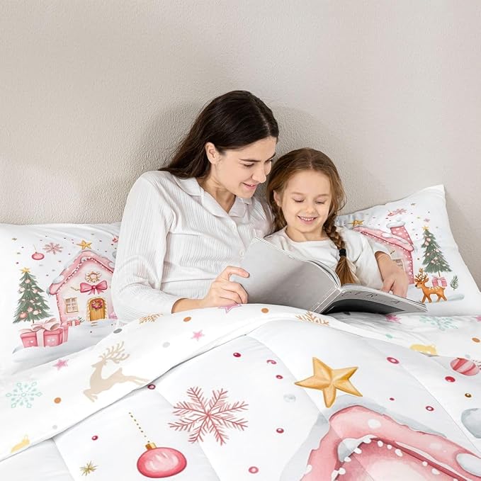 Feelyou Gingerbread House Bedding Set Soft for Boys Girls, Christmas Tree Comforter Set Full Size Reindeer Duvet Quilt Microfiber Snowflake Bedroom Decor Holiday Scene 3 Pcs with 2 Pillow Cases