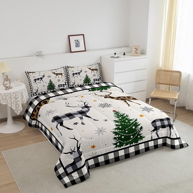 Kids Deer Silhouette Comforter Set Full Size,Snowflake Pine Trees Bedding,Girls Boys Adults Bedroom/Xmas Cabin Decor,Geometric Grids Plaid Down Comforter,Rustic Farmhouse Duvet Insert,2 Pillowcases