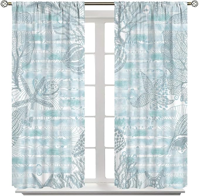 Starfish Curtains，Starfish and Seashells Coastal Curtain Ocean Themed Underwater Marine Decor Waterproof Fabric Curtain Set 2 Panels,63x72 Inches