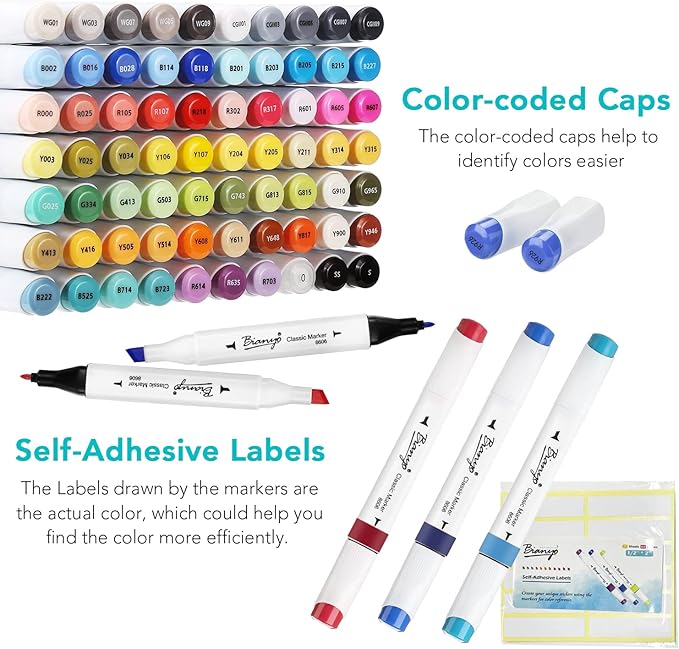 Bianyo 72 Colors Alcohol Markers Set, Dual Tip Art Markers with Fine & Chisel Tips, Black Case with Customizable Card – Ideal for Coloring, Drawing, and Sketching as Thanksgiving & Christmas Gifts