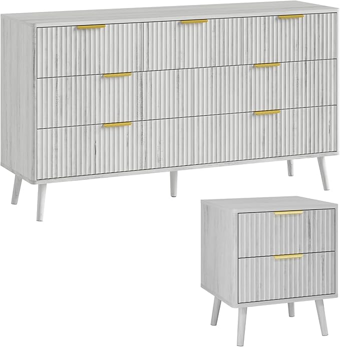 LYNSOM Fluted Dresser and Nightstand Sets 2 Piece, 2-Drawer Nightstands and 7-Drawers Dresser, Wood Bedroom Furniture Set for Home, Bedroom, Hallway, White